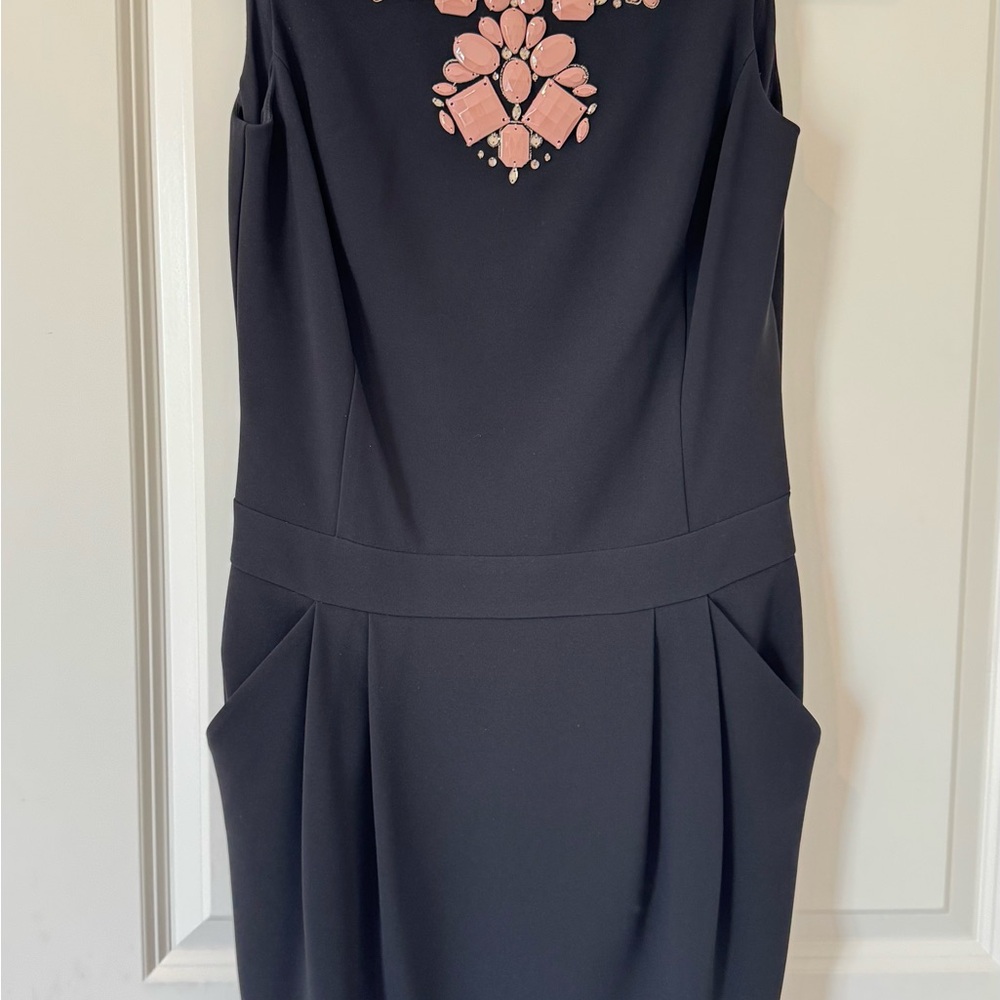 ST. JOHN sElegant Black Dress with Pink Embellishments